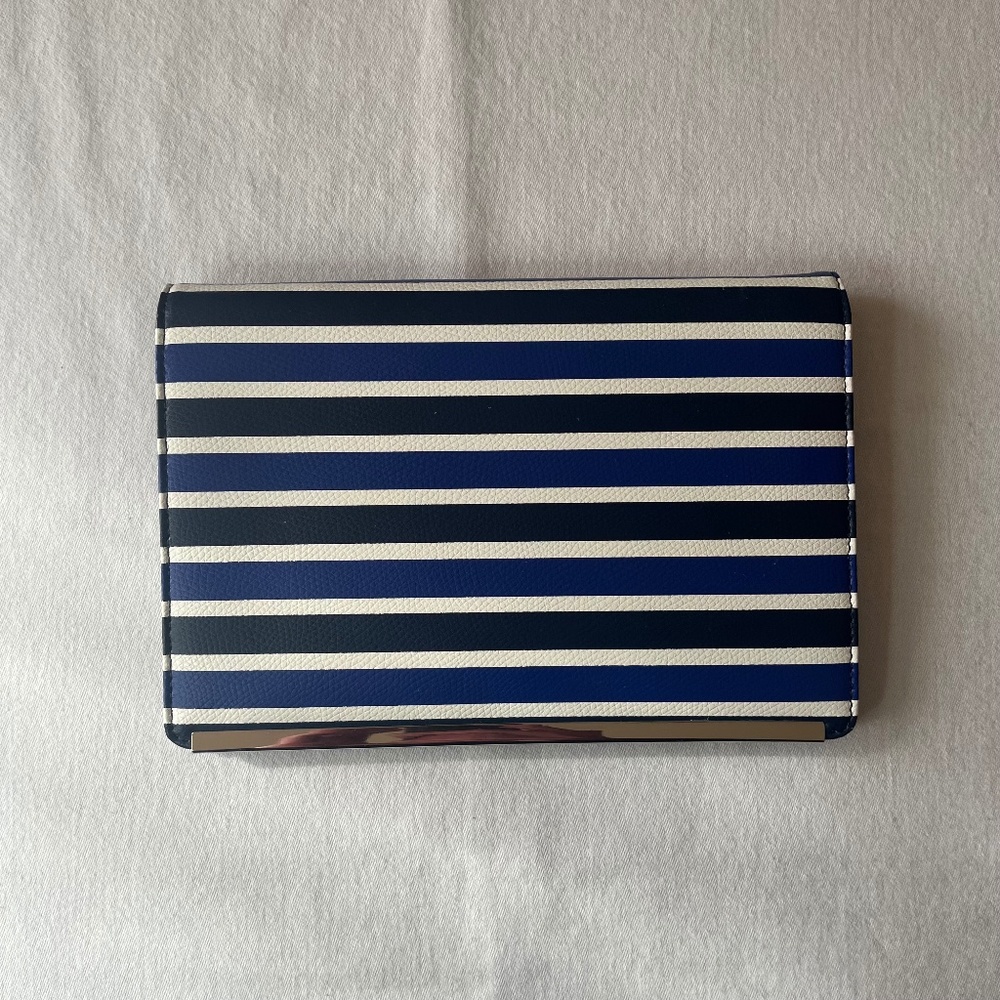 Halogen Clutch Purse Black Blue White Stripe with Silver Chain New with Tags